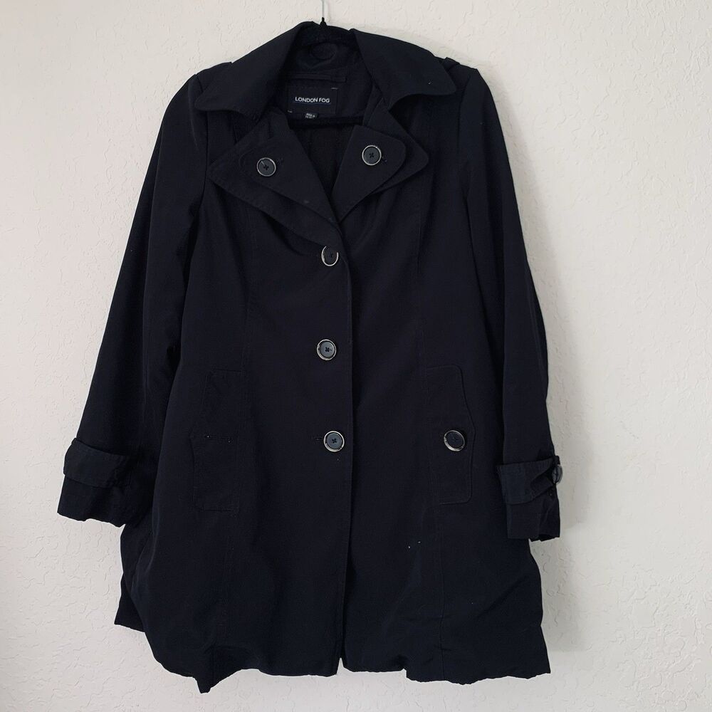 London Fog Women M Black Trench Coat Button Front Hooded Classic Chic Travel